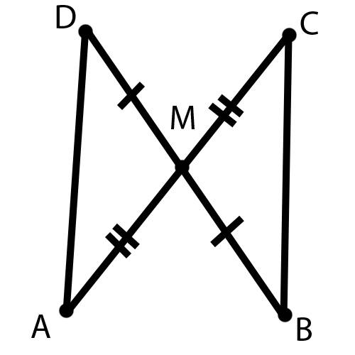 Точка m является серединой отрезков ac и bd.докозать,что прямые bc и ad параллельны.