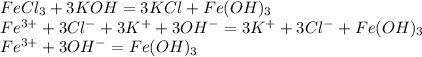 FeCl_3 + 3KOH=3KCl+Fe(OH)_3\\Fe^{3+}+3Cl^-+3K^++3OH^-=3K^++3Cl^-+Fe(OH)_3\\Fe^{3+}+3OH^-=Fe(OH)_3