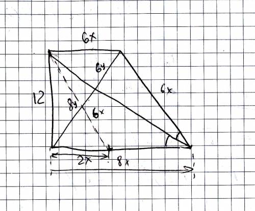 Диагональ прямоугольной трапеции делит острый угол пополам, а вторую диагональ в отношении 8: 6. най