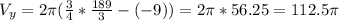 V_y = 2\pi(\frac{3}{4}*\frac{189}{3}-(-9)) = 2\pi*56.25=112.5\pi
