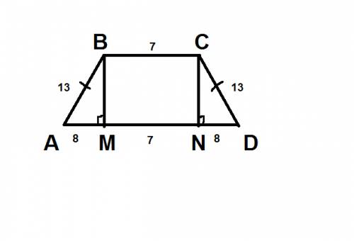 Вравнобедренной трапеции боковая сторона равна 13 см,а ее основания равны 23 см и 7 см.найдите площа