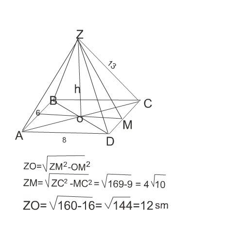 Основание пирамиды - прямоугольник со сторонами 6см и 8см.каждое боковое ребро пирамиды равно 13см.в
