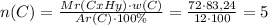 n(C)=\frac{Mr(CxHy)\cdot{w(C)}}{Ar(C)\cdot{100\%}}=\frac{72\cdot{83,24}}{12\cdot{100}}=5