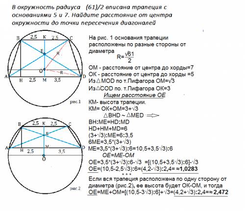 Вокружность радиуса sqrt(61)/2 вписана трапеция с основаниями 5 и 7. найдите расстояние от центра ок