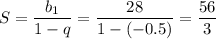S=\dfrac{b_1}{1-q}=\dfrac{28}{1-(-0.5)}=\dfrac{56}{3}