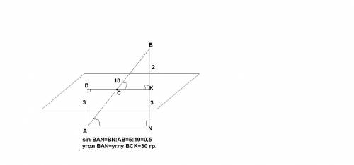 Отрезок длинной 10м пересекает плоскость, концы его находятся на расстояниях 2м и 3м от плоскости. н