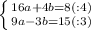 \left \{ {{16a+4b=8 (:4)} \atop {9a-3b=15(:3)}} \right.