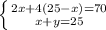 \left \{ {{2x+4(25-x)=70} \atop {x+y=25}} \right.