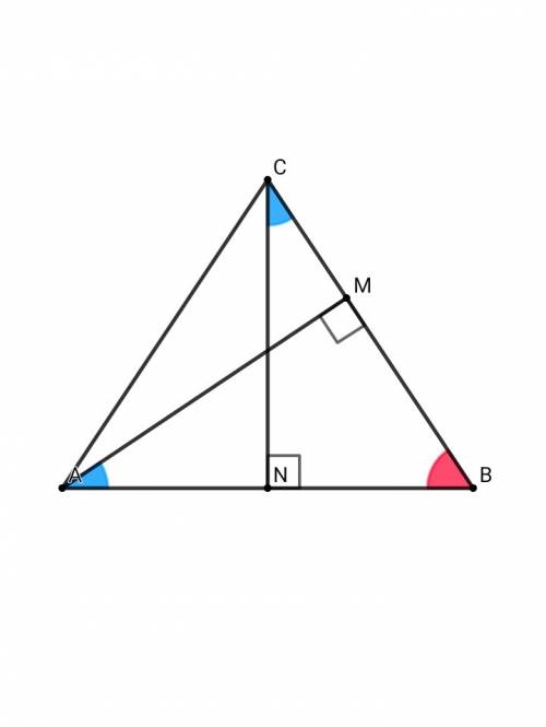 Дан треугольник abc ac=bc cos b=1\3 am перпендикулярна cb cn перпендикулярна ab найти: am\cn