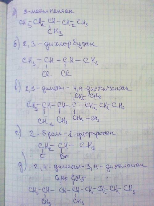 Напишите структурные формулы следующих веществ а) 3-метилпентан б)2,3-дихлорбутан в)2,3-диметил-4,4-