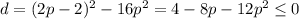 d=(2p-2)^2-16p^2=4-8p-12p^2\leq0