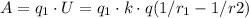 A = q_1 \cdot U = q_1 \cdot k \cdot q (1/r_1 - 1/r2)