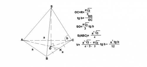 Найти объём правильной треугольной пирамиды,если сторона её основания равна а,а боковое ребро образу