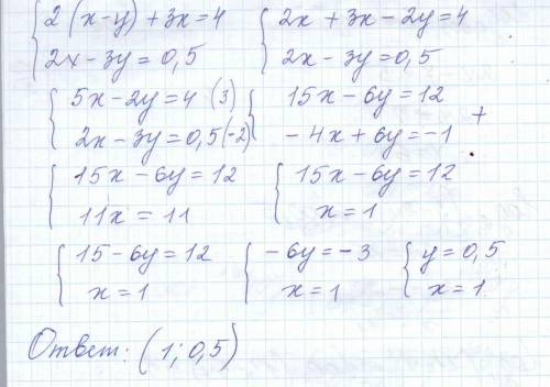 Решить систему уравнений 2(x-y)+3x=4 ; 2x-3y=0,5