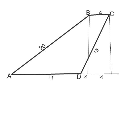 Дана трапеция abcd с основанием ad=11 и bc=4. боковые стороны трапеции равны 20 и 15. найдите площад