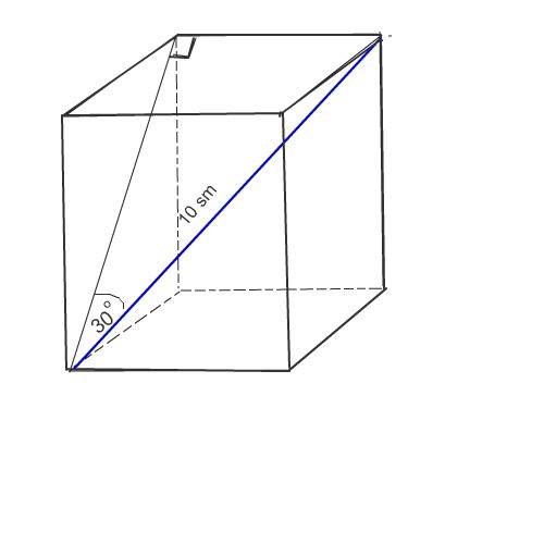 Диагональ правильной четырехугольной призмы равна 10 см и составляет угол 30 градусов с плоскостью б