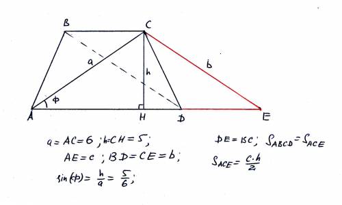 Площадь трапеции равна 30. высота равна 5 одна из диагоналей равна 6. найти вторую диагональ