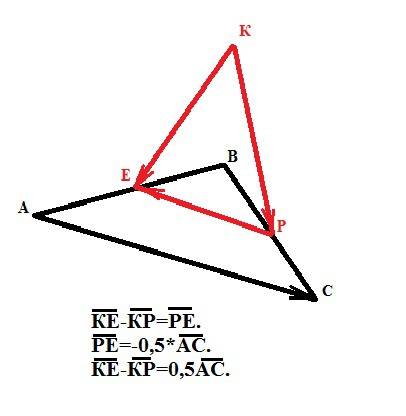 Точка k не лежит в плоскости треугольника abc, e и p - середины отрезков ab и bc соответственно. выр