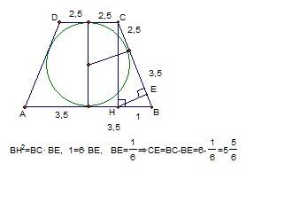 Вравнобедренную трапецию abcd с основаниями ab=7 и cd=5 вписана окружность. из точки c проведена выс