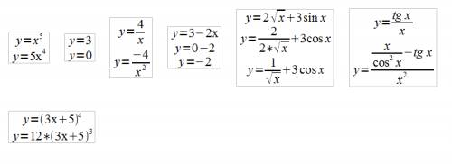 Все что сможете! ) 1. найдите производную функции: 1) у=х^5 2) у=3 3) у=4/х 4)у=3-2х 5) у=2 корень и