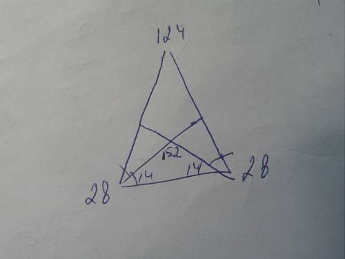 Вравнобедренном треугольнике биссектриса углов при основании образует при пересечении угол,равный 15