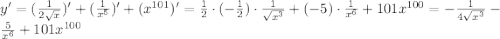 y'=(\frac{1}{2\sqrt{x}})'+(\frac{1}{x^5})'+(x^{101})'=\frac{1}{2}\cdot(-\frac{1}{2})\cdot\frac{1}{\sqrt{x^3}}+(-5)\cdot\frac{1}{x^6}+101x^{100}=-\frac{1}{4\sqrt{x^3}}-\frac{5}{x^6}+101x^{100}