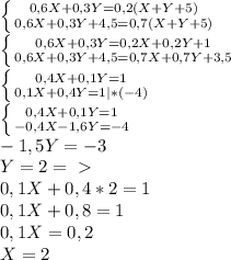  \left \{ {{ 0,6X + 0,3Y = 0,2(X+Y+5)} \atop {0,6X+0,3Y+4,5=0,7(X+Y+5)}} \right. \\ &#10; \left \{ {{ 0,6X + 0,3Y = 0,2X+0,2Y+1} \atop {0,6X+0,3Y+4,5=0,7X+0,7Y+3,5}} \right. \\&#10; \left \{ {{ 0,4X + 0,1Y = 1} \atop {0,1X+0,4Y=1 |*(-4)}} \right. \\&#10; \left \{ {{ 0,4X + 0,1Y = 1} \atop {-0,4X-1,6Y=-4}} \right. \\&#10;-1,5Y = -3 \\ &#10;Y = 2 =\ \textgreater \ \\ 0,1X+0,4*2=1 \\&#10;0,1X+0,8=1 \\ &#10;0,1X=0,2 \\&#10; X=2 \\ &#10;&#10;