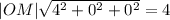 |OM|\sqrt{4^{2}+0^{2}+0^{2}}=4