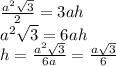 \frac{a^2\sqrt{3}}{2}=3ah \\ a^2\sqrt{3}=6ah \\ h=\frac{a^2 \sqrt{3}}{6a}=\frac{a\sqrt{3}}{6}