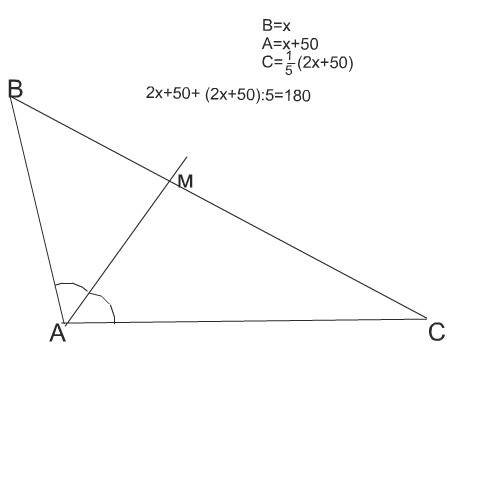 Втреугольнике авс угол а на 50градусов больше угла в, а угол с составляет пятую часть их суммы.найди