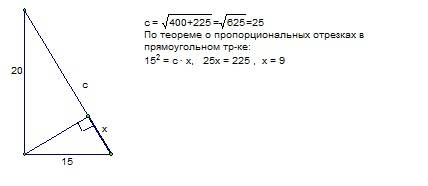 Катеты прямоугольного треугольника равны 15 см и 20 см. из вершины прямого угла проведен перпендикул