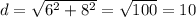 d=\sqrt{6^2+8^2}=\sqrt{100}=10