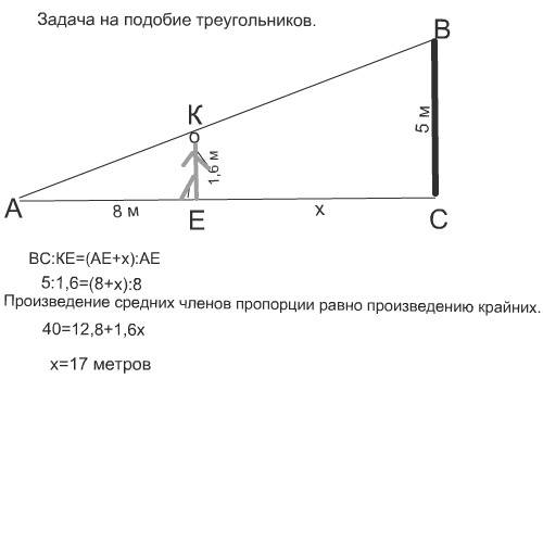 На каком расстоянии (в метрах) от фонаря стоит человек ростом 1,6 м,если длина его тени равна 8м,выс