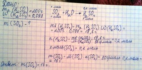 Какую массу оксида серы нужно растворить в воде, чтобы получить 200г. 9,8% раствора серной кислоты ?