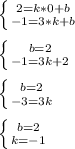 \left \{ {{2 = k*0 + b} \atop {-1 = 3*k+b}} \right.\\ \\ \left \{ {{b=2} \atop {-1=3k +2}} \right.\\ \\ \left \{ {{b=2} \atop {-3=3k}} \right.\\ \\ \left \{ {{b=2} \atop {k = -1}} \right.