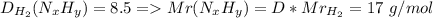 D_{H_{2}}(N_{x}H_{y}) = 8.5 = Mr(N_{x}H_{y}) = D*Mr_{H_{2}} = 17\ g/mol