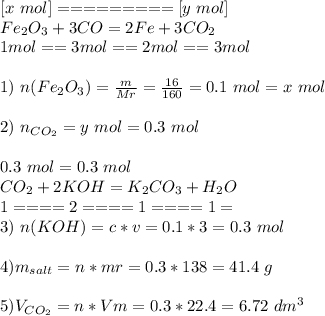 [x\ mol]=========[y\ mol]\\ Fe_{2}O_{3} + 3CO = 2Fe + 3CO_{2}\\ 1 mol==3mol==2mol==3mol\\ \\ 1)\ n(Fe_{2}O_{3}) = \frac{m}{Mr} = \frac{16}{160} = 0.1\ mol = x\ mol\\ \\ 2)\ n_{CO_{2}} = y\ mol = 0.3\ mol\\ \\ 0.3\ mol=0.3\ mol\\ CO_{2} + 2KOH = K_{2}CO_{3} + H_{2}O\\ 1====2====1====1= \\ 3)\ n(KOH) = c*v = 0.1*3 = 0.3\ mol\\ \\ 4) m_{salt} = n * mr = 0.3 * 138 = 41.4\ g \\ \\ 5) V_{CO_{2}} = n*Vm = 0.3 * 22.4 = 6.72\ dm^3