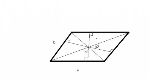 3. площадь параллелограмма равна 72 дм2. расстояния от точки пересечения его диагоналей до сторон ра