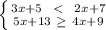  \left \{ {{3x+5 \ \ \textless \ \ 2x+7} \atop {5x+13 \ \geq \ 4x+9}} \right.