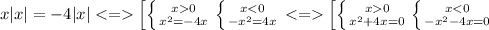 x|x|=-4|x| <= \left[ \left \{ {{x0} \atop {x^2=-4x}} \right. \left \{ {{x<0} \atop {-x^2=4x}}\right.<=\left[ \left \{ {{x0} \atop {x^2+4x=0}} \right.\left \{ {{x<0} \atop {-x^2-4x=0}} \right. &#10;