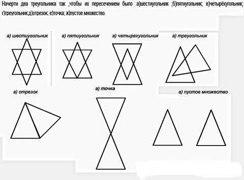 Начерти два треуголька так, чтобы их пересечением были: а) шестиугольник, б) пятиугольник, в) четыре