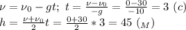 \nu=\nu_0-gt;\ t= \frac{\nu-\nu_0}{-g}= \frac{0-30}{-10}=3\ (c)\\&#10;h= \frac{\nu+\nu_0}{2}t= \frac{0+30}{2}*3=45\ (_M)