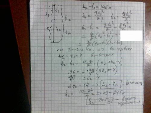 Тело падает с некоторой высоты и проходит последние 196 м пути за 4 с. с какой высоты и сколько врем