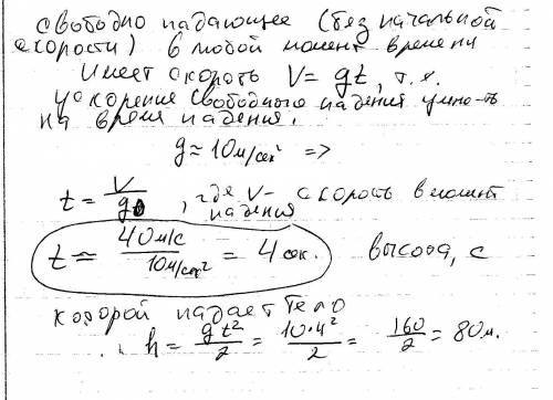 Свободно камень, в момент удара о землю достиг скорости 40 м/c. чему равна высота падения и сколько 