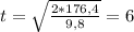 t=\sqrt{\frac{2*176,4}{9,8}}=6