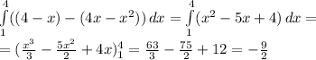 \int\limits_1^4((4-x)-(4x-x^2))\,dx=\int\limits_1^4(x^2-5x+4)\,dx=\\=(\frac {x^3}3-\frac{5x^2}2+4x)_1^4=\frac{63}3-\frac{75}2+12=-\frac92