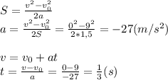 S=\frac{v^2-v_0^2}{2a}\\a=\frac{v^2-v_0^2}{2S}=\frac{0^2-9^2}{2*1,5}=-27(m/s^2)\\\\v=v_0+at\\t=\frac{v-v_0}{a}=\frac{0-9}{-27}=\frac{1}{3}(s)