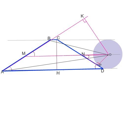 Найдите среднюю линию трапеции abcd с боковыми сторонами ab=cd=5, если окружность, имеющая центр в т