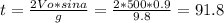t=\frac{2Vo*sina}{g} =\frac{2*500*0.9}{9.8}=91.8 