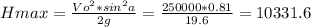 Hmax=\frac{Vo^{2}*sin^{2}a}{2g}=\frac{250000*0.81}{19.6}=10331.6 